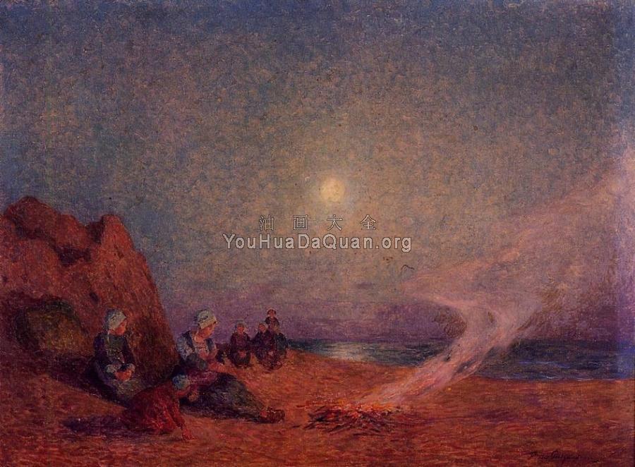 Le Pouldu, Woman on the Beach beside a Fire - 费迪南德·卢瓦扬